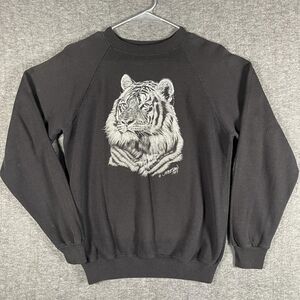 Vintage Hanes Sweatshirt Mens Medium Black Tiger Graphic Crewneck USA 80s